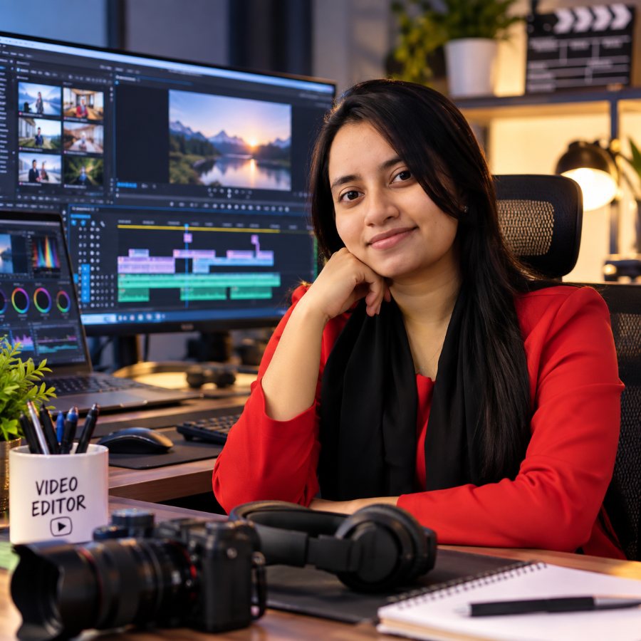 Nishat Tasnim at her video editing desk